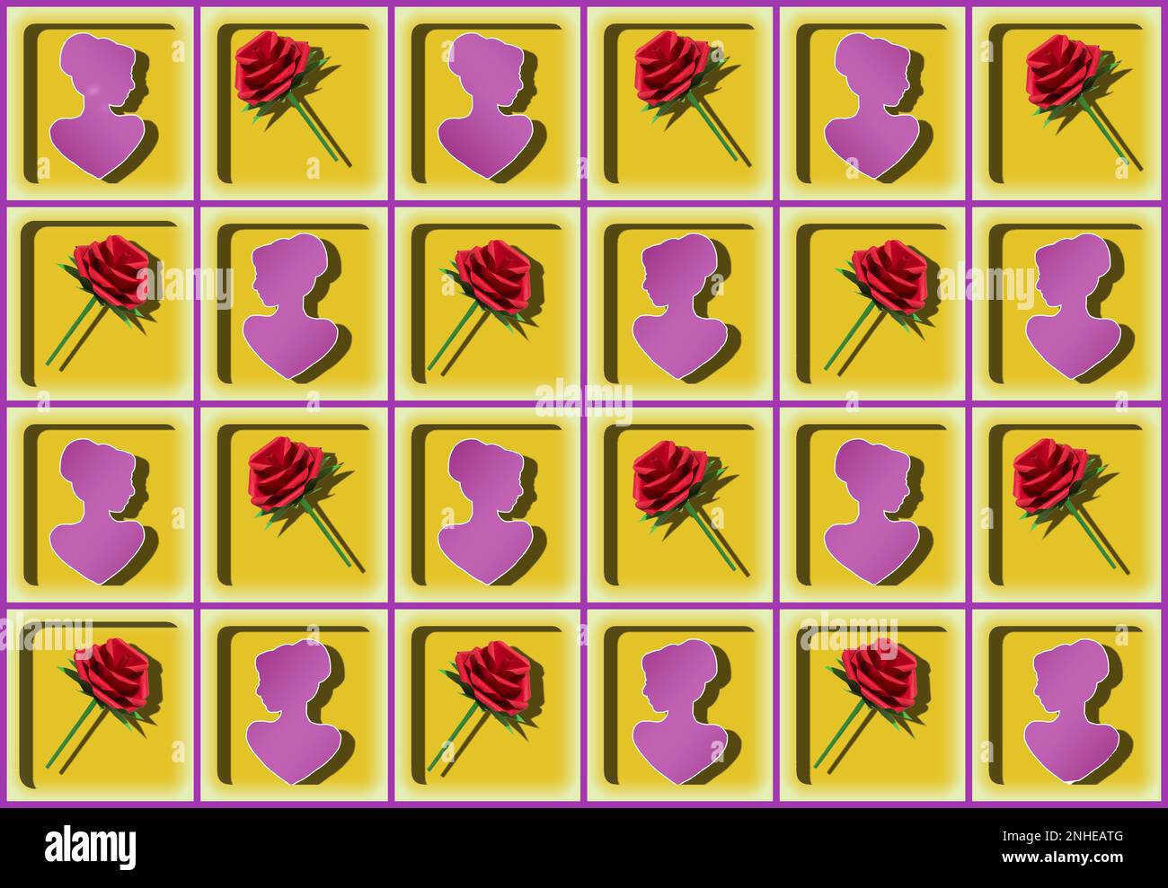 Kreatives Weihnachtsdesign, Silhouette für Damen und Rosenblumen in quadratischen, lila und gelben Farben Stockfoto