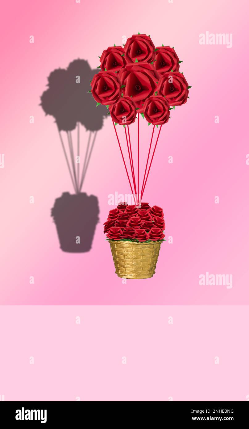 Korb mit Rosen im Sommer mit Ballons, kreatives Weihnachtsdesign Stockfoto