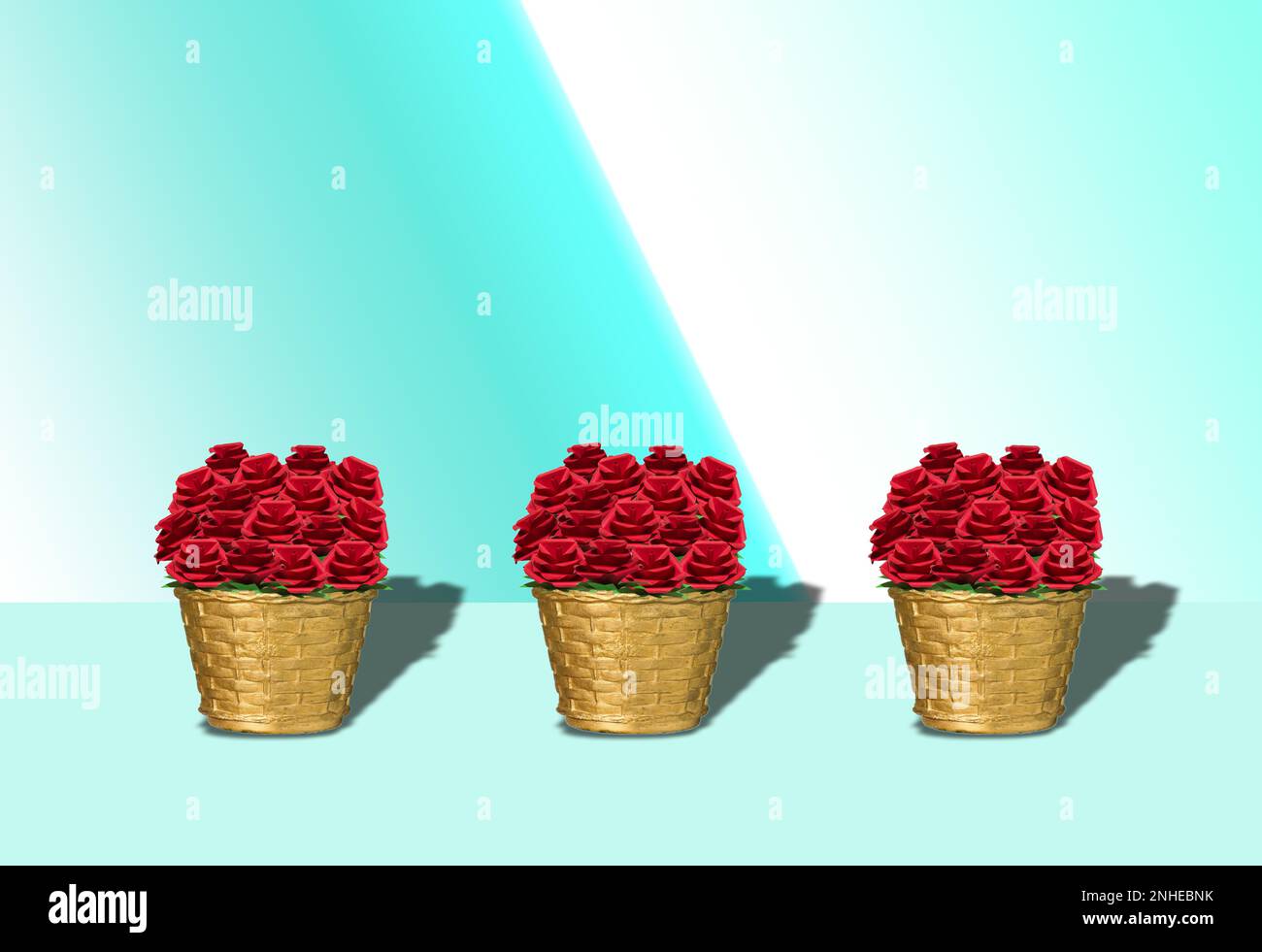 Drei Körbe mit Rosen, kreatives, romantisches Urlaubsplanung Stockfoto