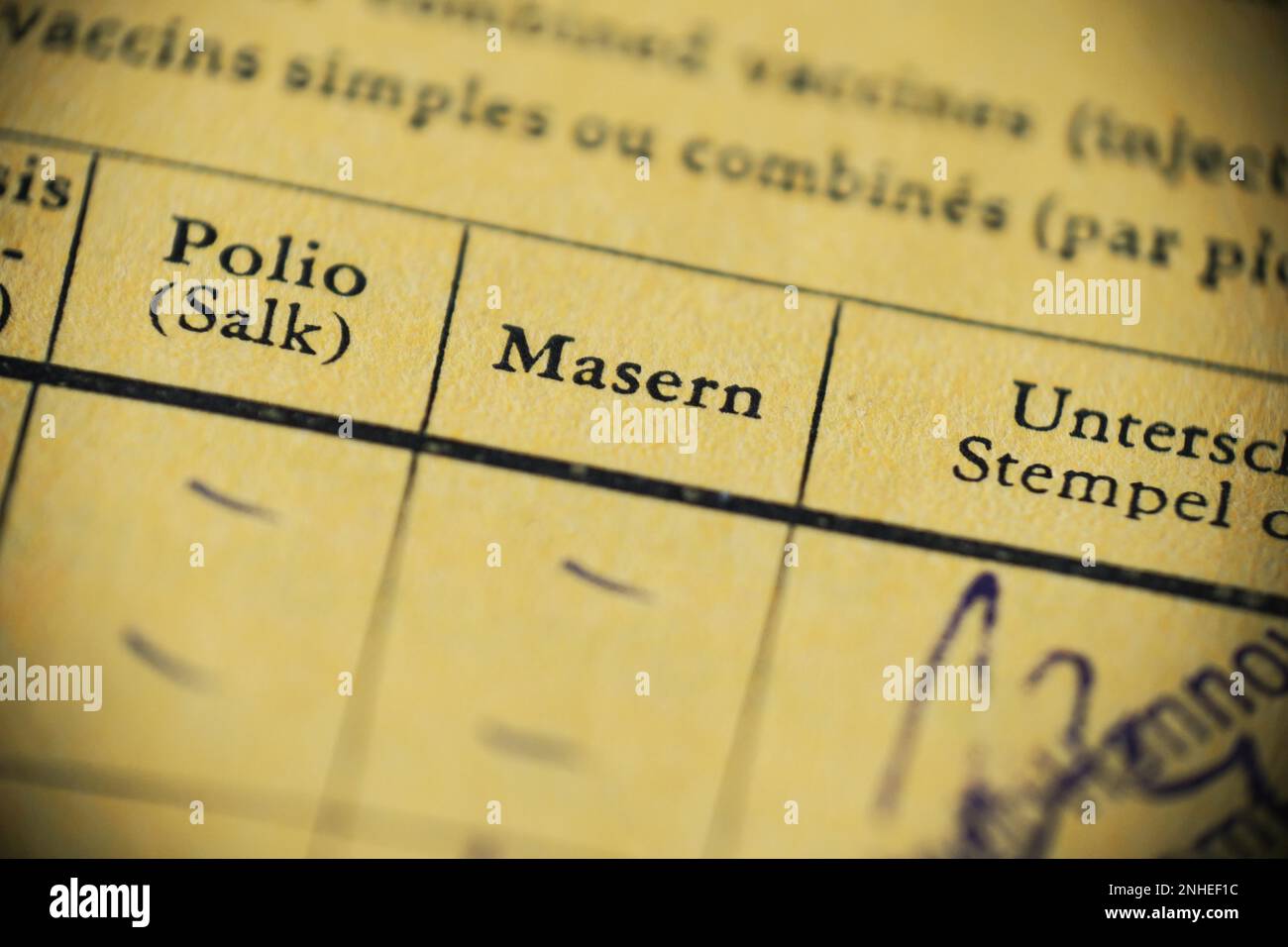 Masern ist deutsch für Masern - Internationales Impfzertifikat - Anti-Impfkonzept Stockfoto