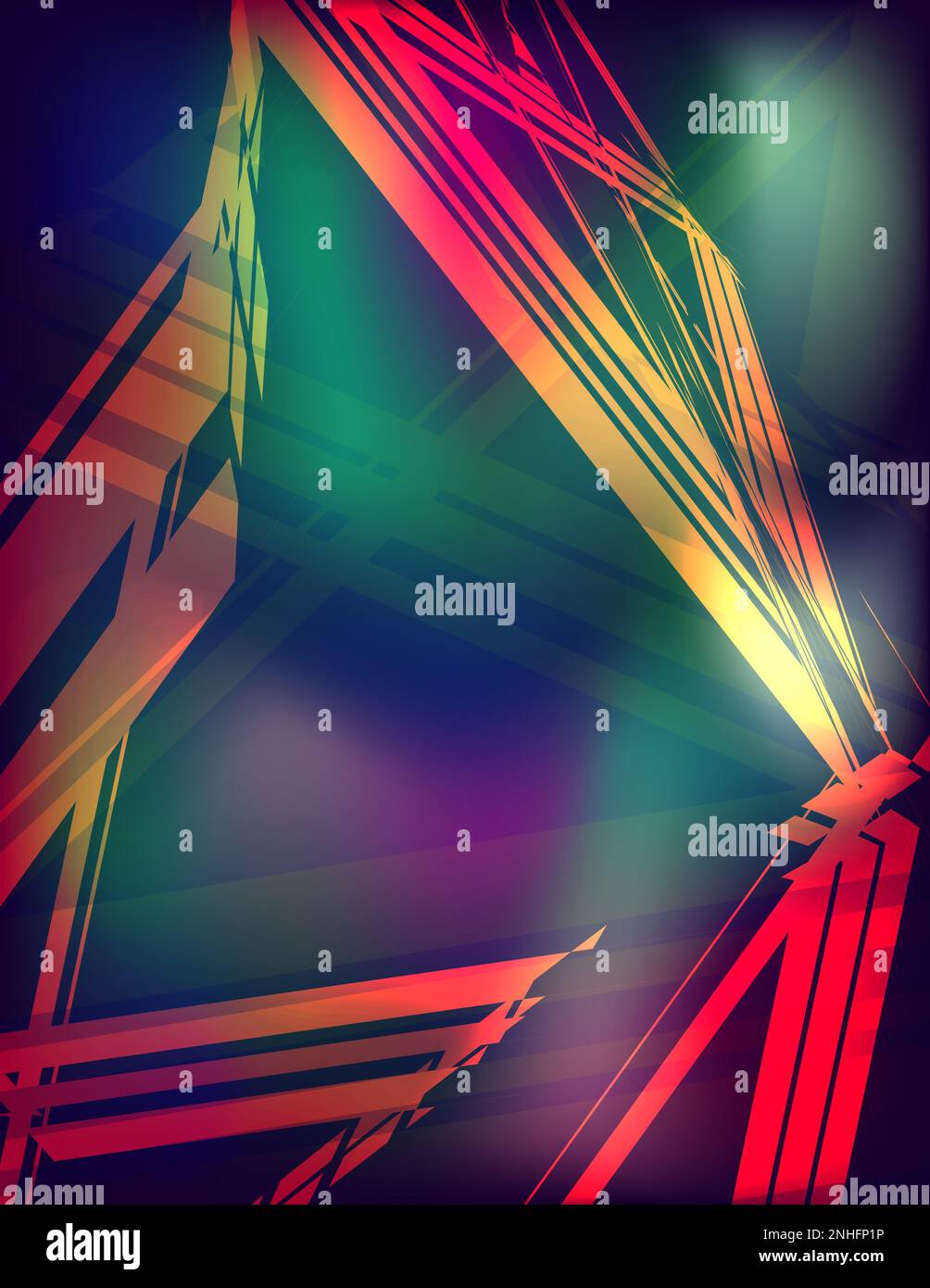 Abstraktes, helles Poster mit dreieckigem Rahmen auf dunklem Hintergrund. Grafikvorlage Stockfoto