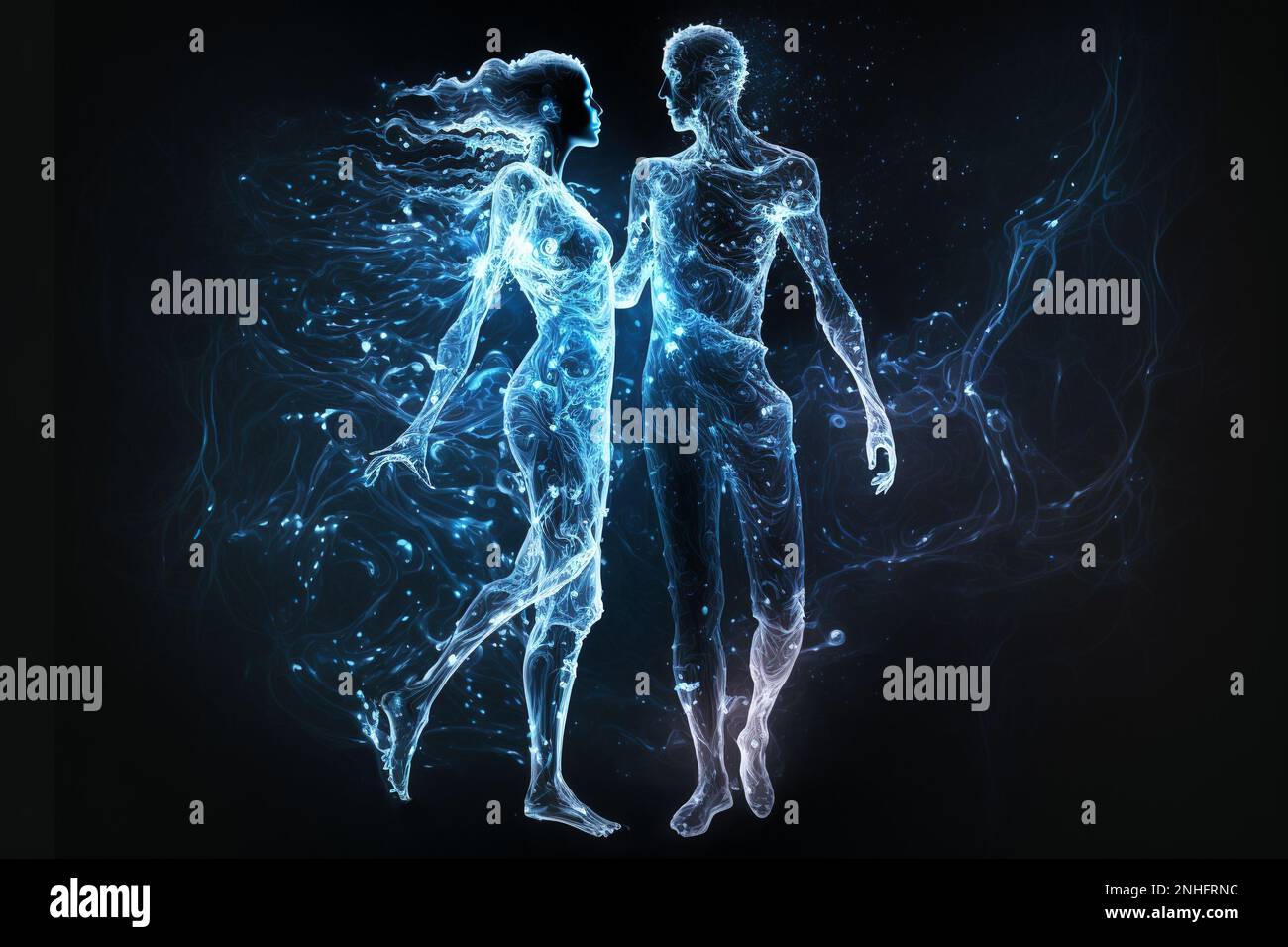 Verliebtes Paar, magische kosmische Sicht auf Mann und Frau bei Nacht, Illustration, generative AI. Eine leichte Zeichnung romantischer, anmutiger Menschen. Das Konzept von astrol Stockfoto