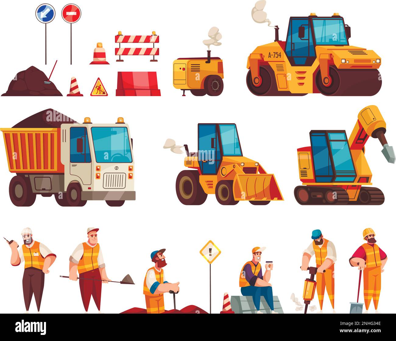 Cartoon-Set für Straßenreparaturmaschinen mit isolierter Vektordarstellung der Traktorwalze Bulldozer Stock Vektor