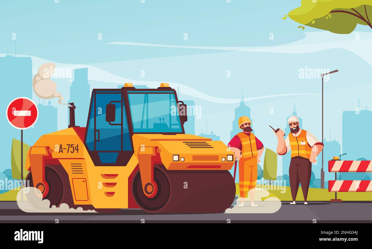 Flache Komposition für Straßenreparaturen mit Arbeiterbrigade und Straßenwalze, die eine Vektordarstellung für den Straßenbau herstellt Stock Vektor
