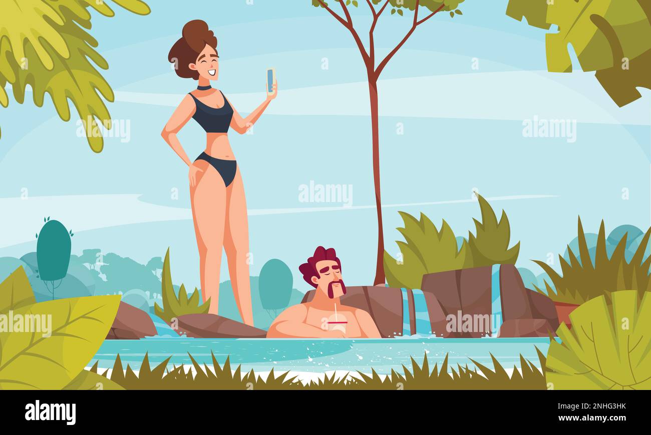 Sommerentspannung im Natur-Cartoon-Hintergrund mit Paaren, die zusammen in Thermalwasser schwimmen oder Flussflachvektoren-Illustration Stock Vektor