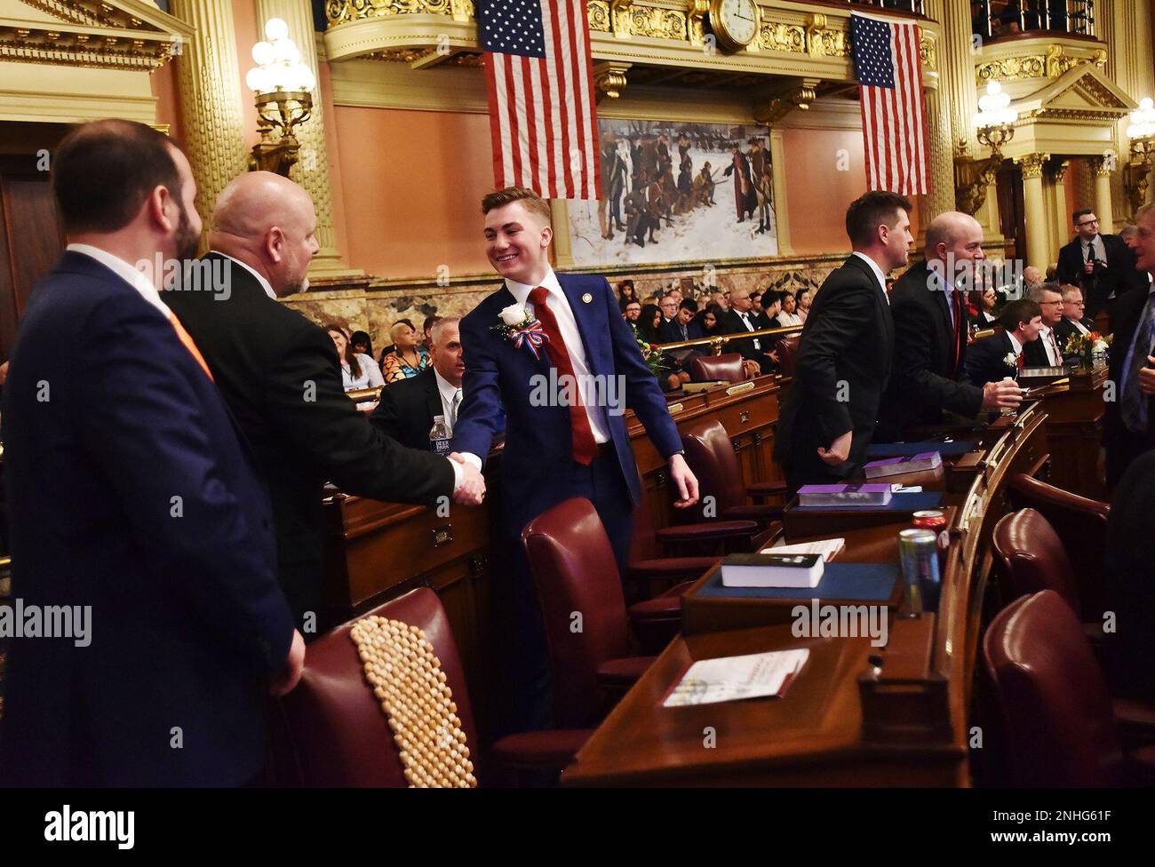 State Rep. Alec Ryncavage, (R119), center, shakes hands with fellow