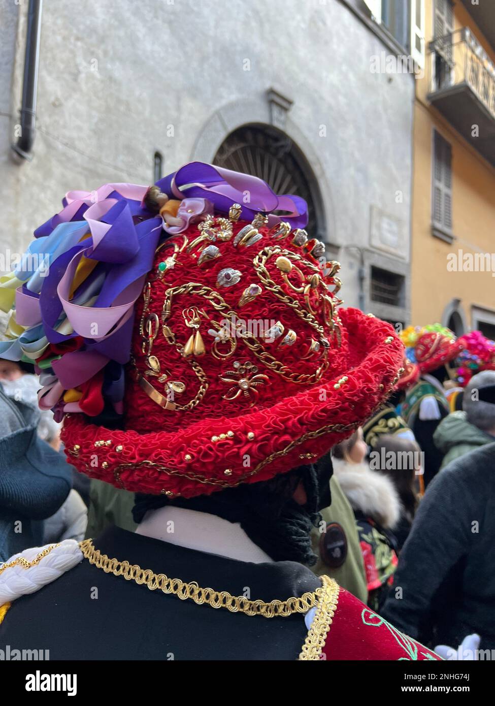 Details des Balari-Kostüms vom Bagolino-Karneval Stockfoto