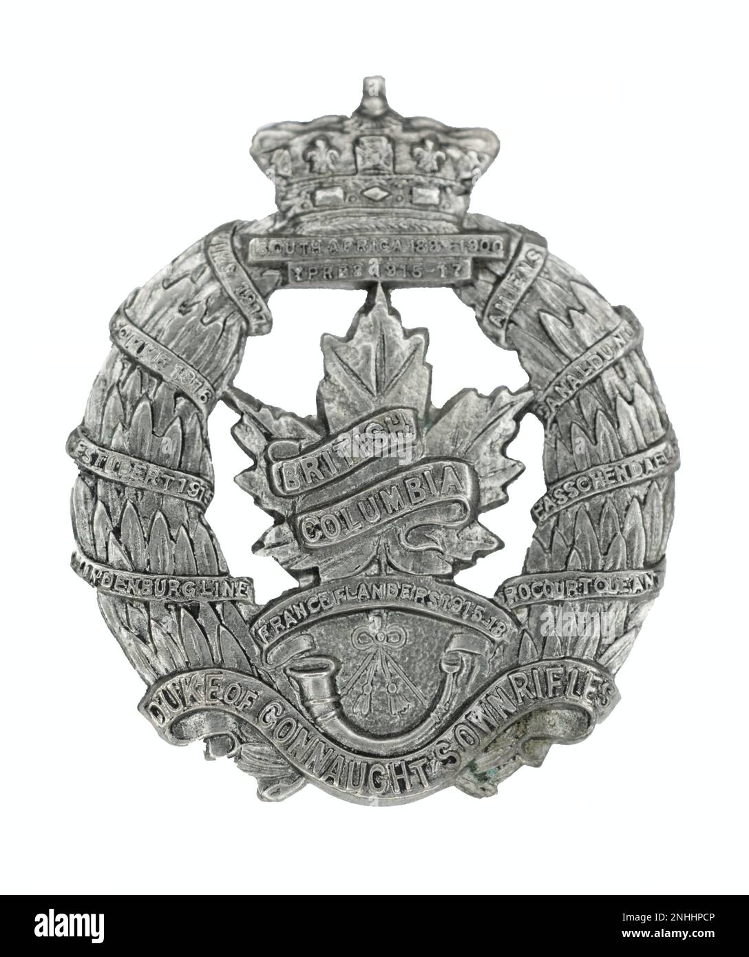 Das Mützenabzeichen des British Columbia Regiment (die eigenen Gewehre des Herzog von Connaught). Stockfoto