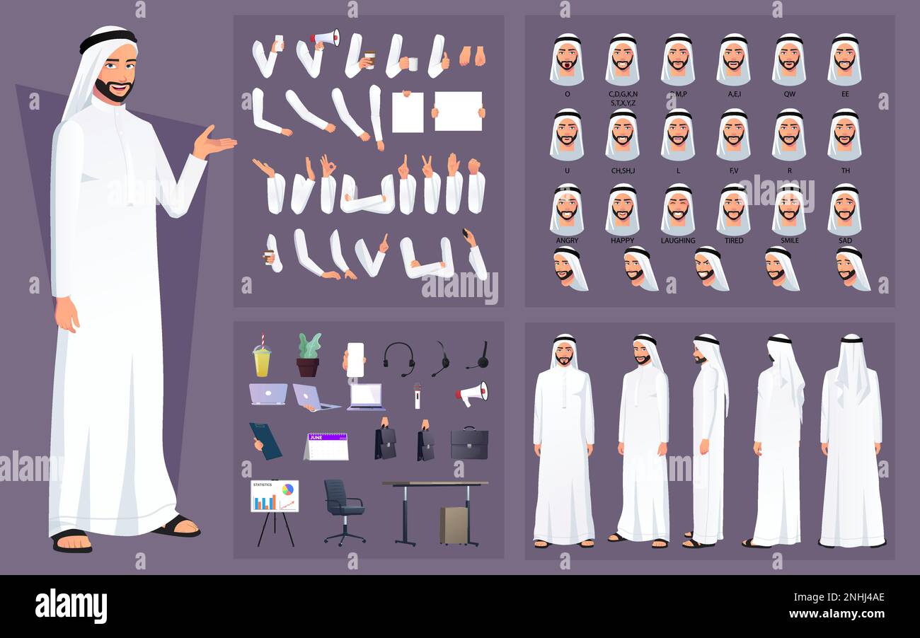 Arabisch-muslimischer-Mann-Figur-Baukasten mit verschiedenen Gesichtshaltungen, Animationsvorbereitung, Körperteilen, Lippensynchronisation und Business-Accessoires Stock Vektor
