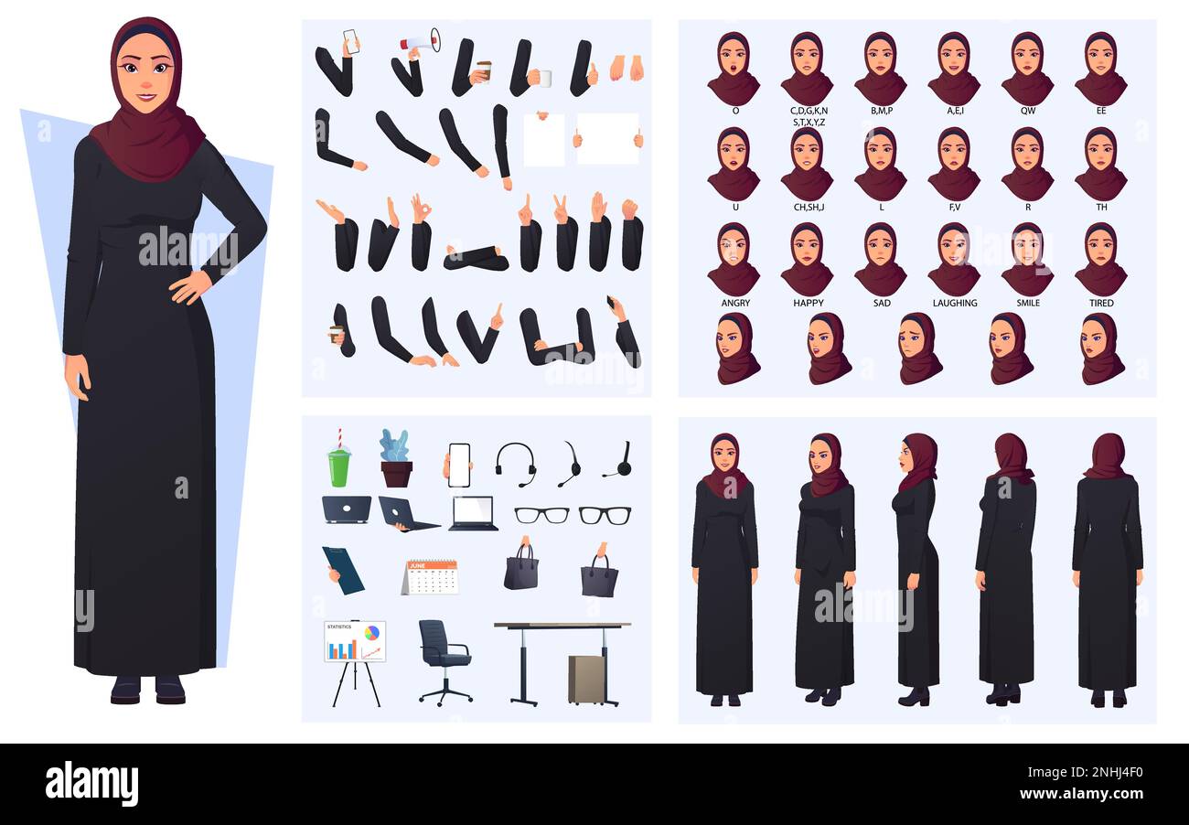 Moslem Arabic Woman Character Creation Pack mit Frau in schwarzem Bademantel und rotem Hijab, Mundanimation, Körperteilen, Handgesten und Büroartikeln Stock Vektor
