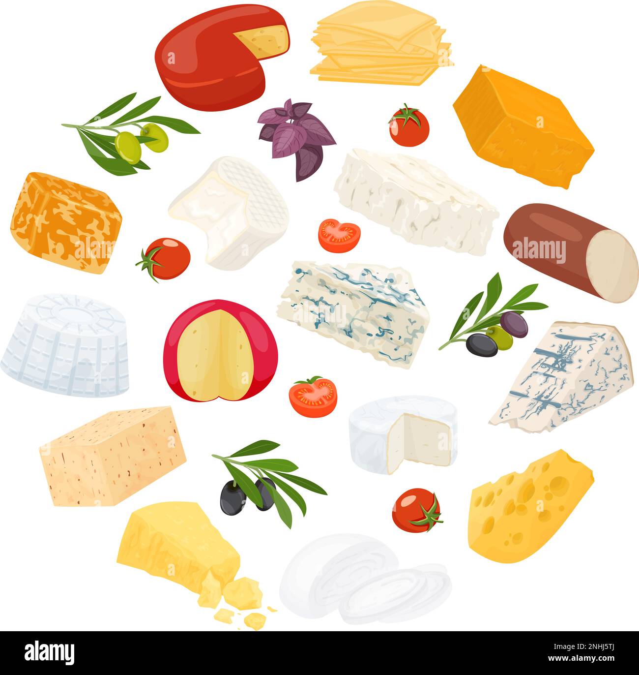 Flache runde Zusammensetzung mit verschiedenen Käsesorten, ganz und in Stücke geschnitten, Vektordarstellung Stock Vektor