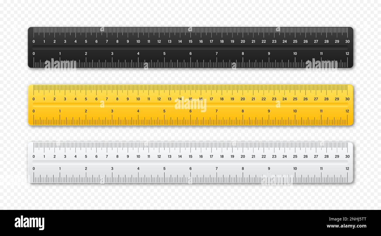 Realistische verschiedene Plastiklineale mit Messskala und -Teilung, Messmarken. Schule Lineal, Zentimeter-und Zoll-Skala für die Längenmessung Stock Vektor