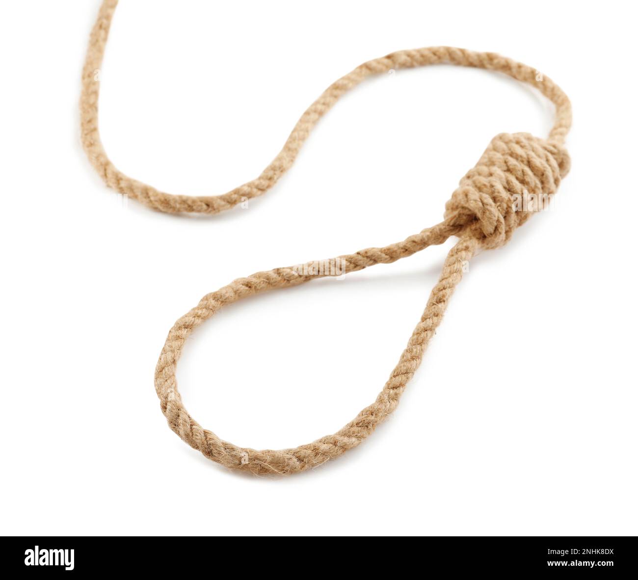 Seilschlinge mit Knoten auf weißem Hintergrund Stockfoto