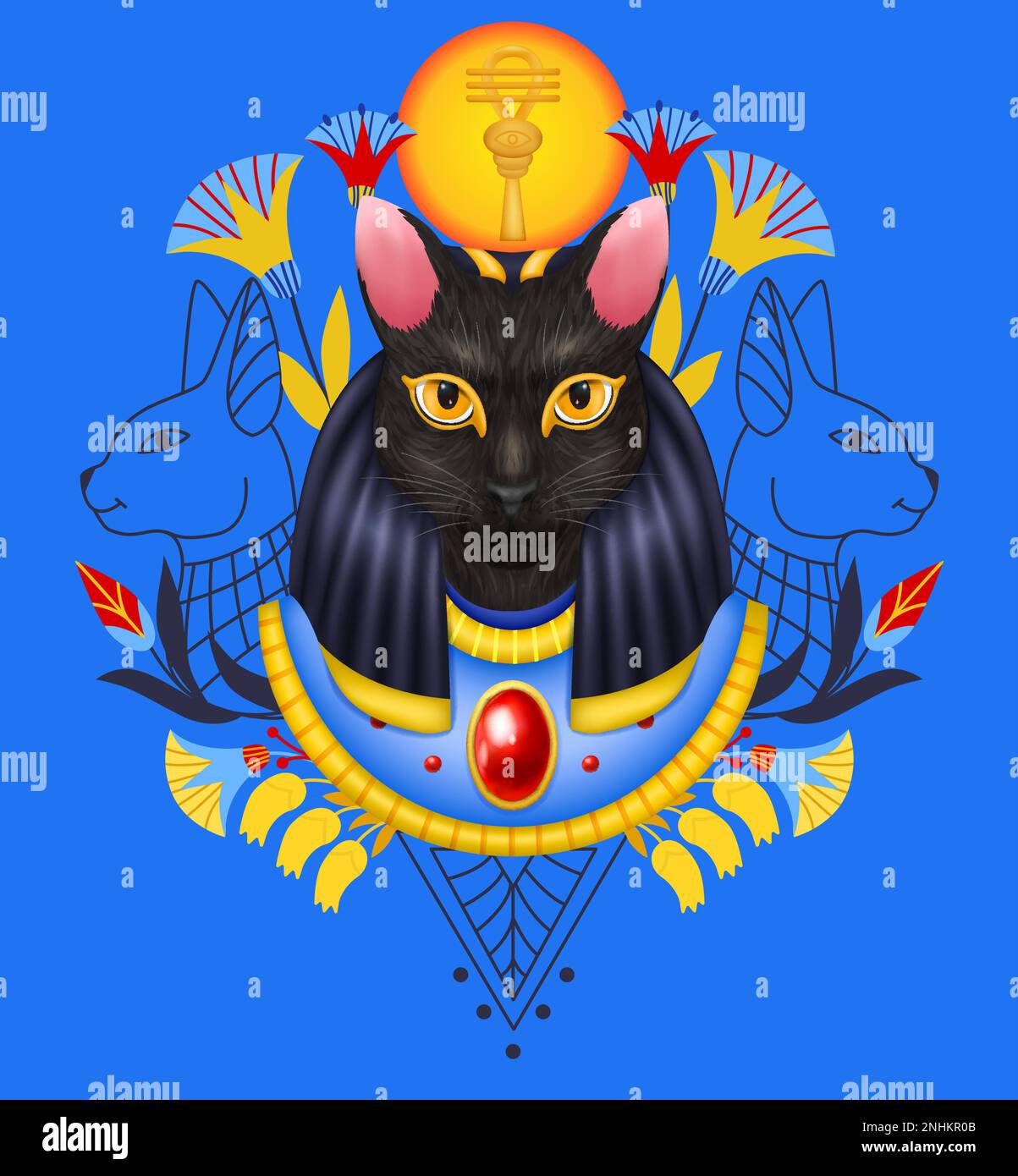 bastetägyptische gotteskomposition mit Collage Maske des alten Avatars mit dekorierter Göttin Katzenkopf-Vektordarstellung Stock Vektor