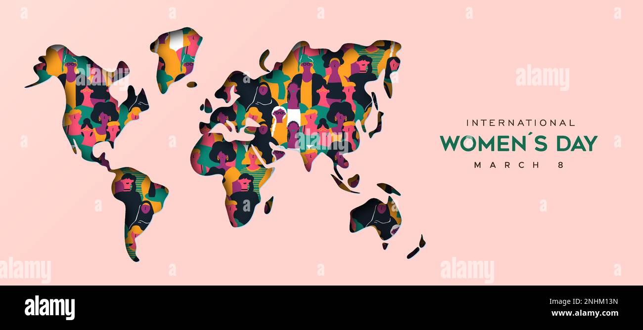 Illustration der Banner-Vorlage für den internationalen Frauentag. 3D Papercut-Weltsymbol mit verschiedenen Personengruppen unterschiedlicher Religion und Kultur Stock Vektor
