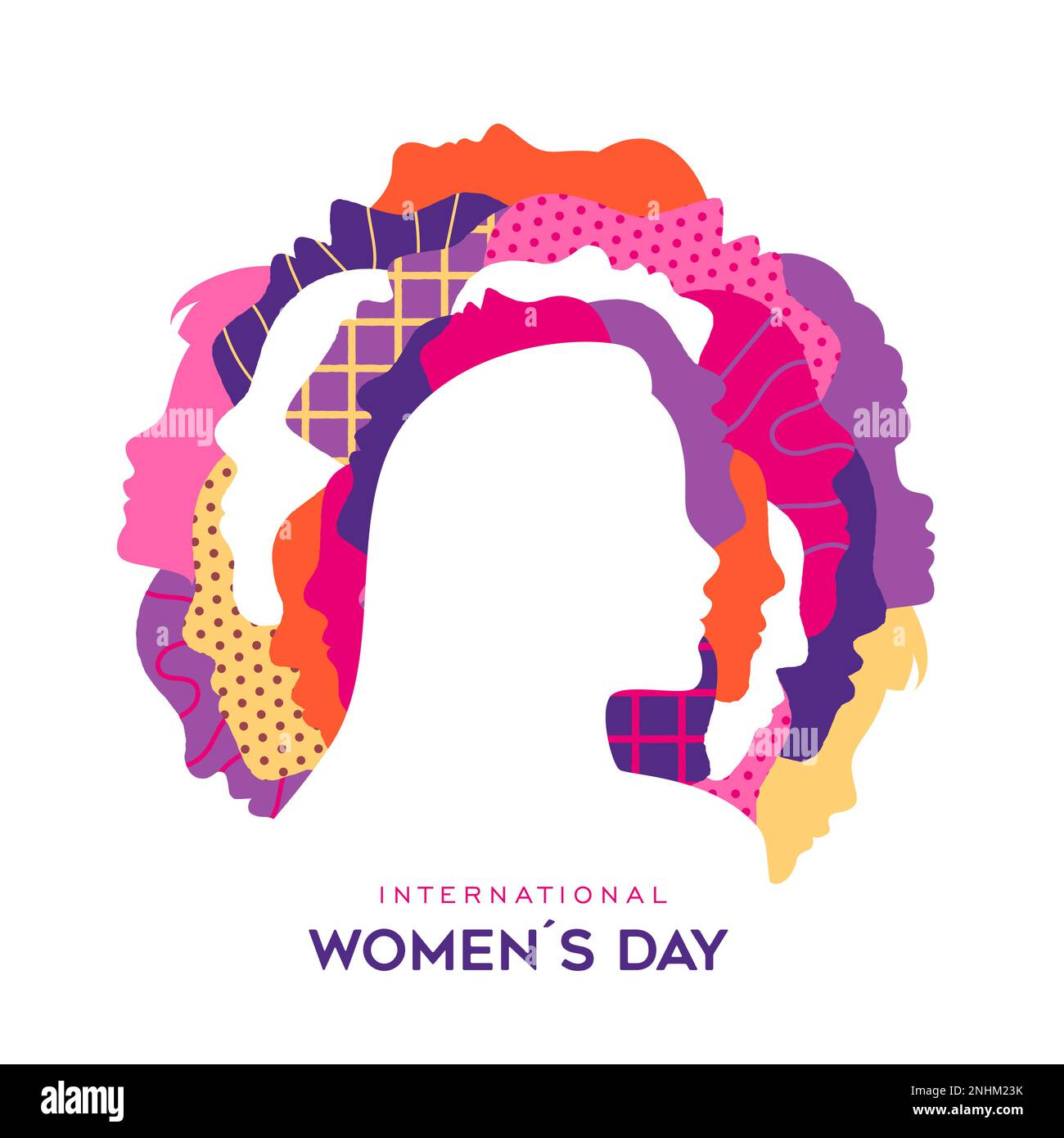 Grußkartendesign für den Internationalen Frauentag. Unterschiedliche Profile von Frauen im Kreis. Flaches Design für Feminismus, Schwesternschaft, Empowerment und Aktivismus Stock Vektor