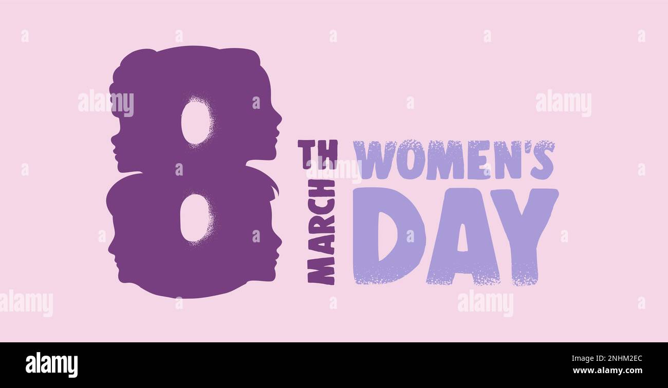 Grußkartendesign für den Internationalen Frauentag. Unterschiedliche Profile von Frauen in Form eines 8. Flaches Design für Feminismus, Schwesternschaft, Empowerment und Stock Vektor