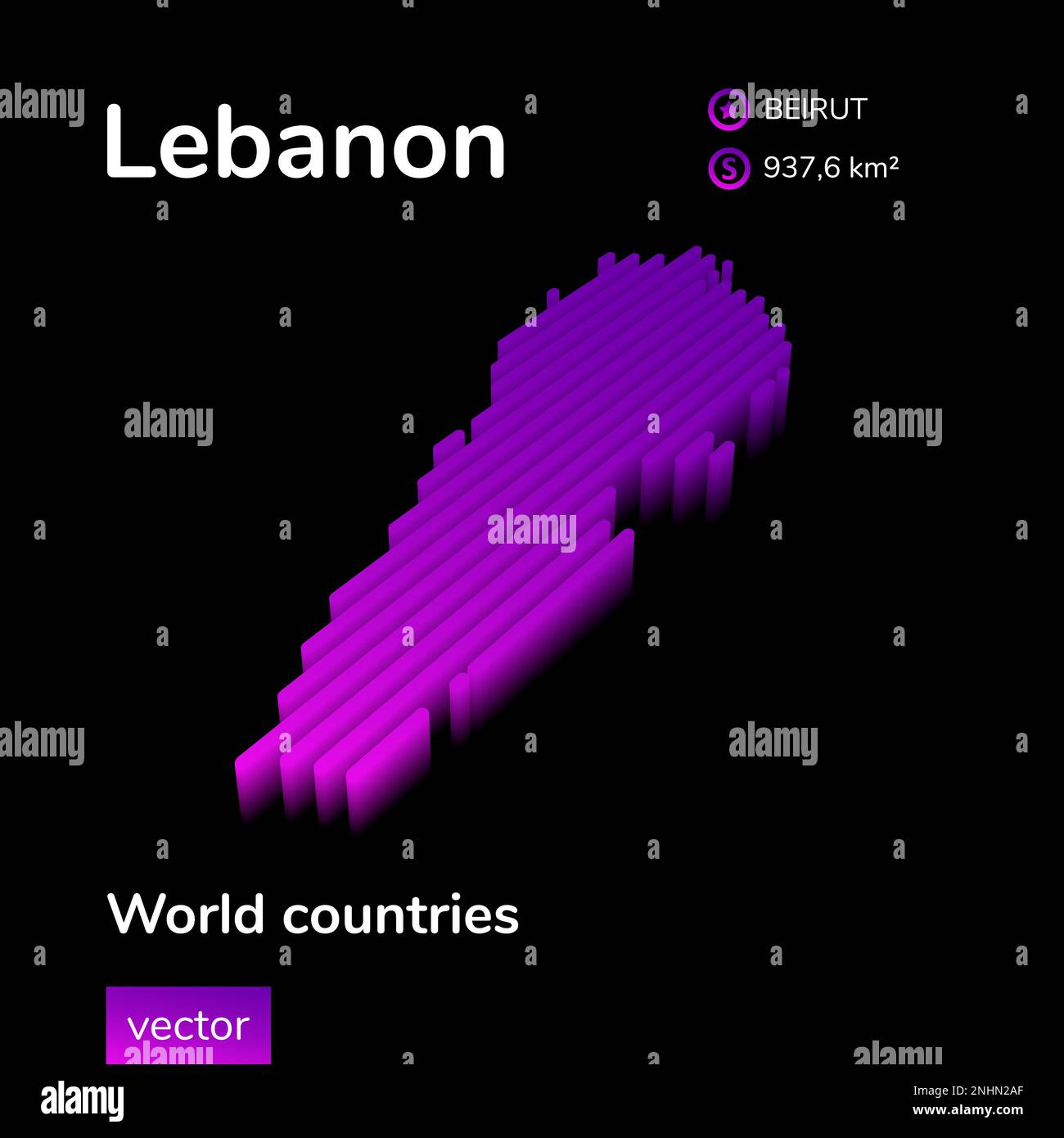 Libanon 3D Karte. Stilisierte Neon-Karte einfacher digitaler isometrischer gestreifter Vektor 3D-Libanon-Karte. Die Karte des Libanon ist in violetten Farben auf schwarzem Hintergrund Stock Vektor