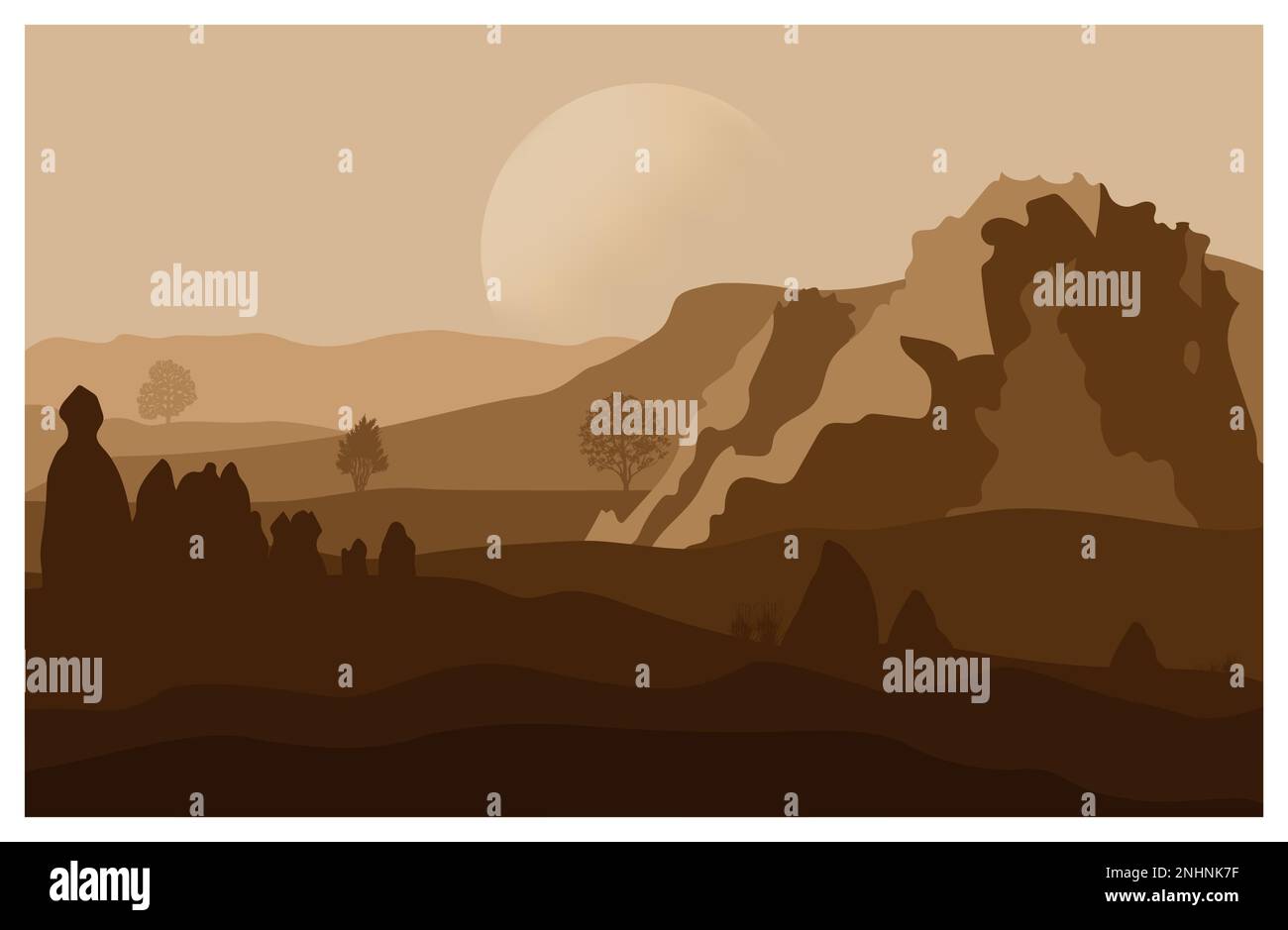 Klassische Illustration mit Kappadokien bei Sonnenaufgang. Truthahn. Stock Vektor