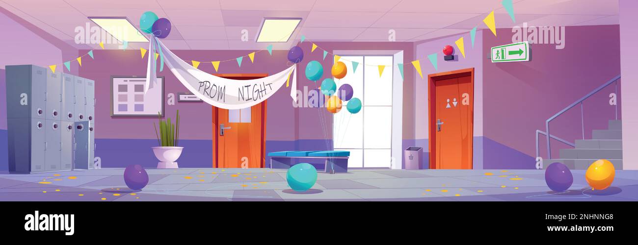 Chaos im Schulflur nach der Abschlussball-Party. Vektor-Cartoon-Darstellung eines leeren Korridors mit Schließfächern, bunten Konfettsäcken auf dem Boden, fliegenden Luftballons, an der Decke hängende Flaggengirlande Stock Vektor