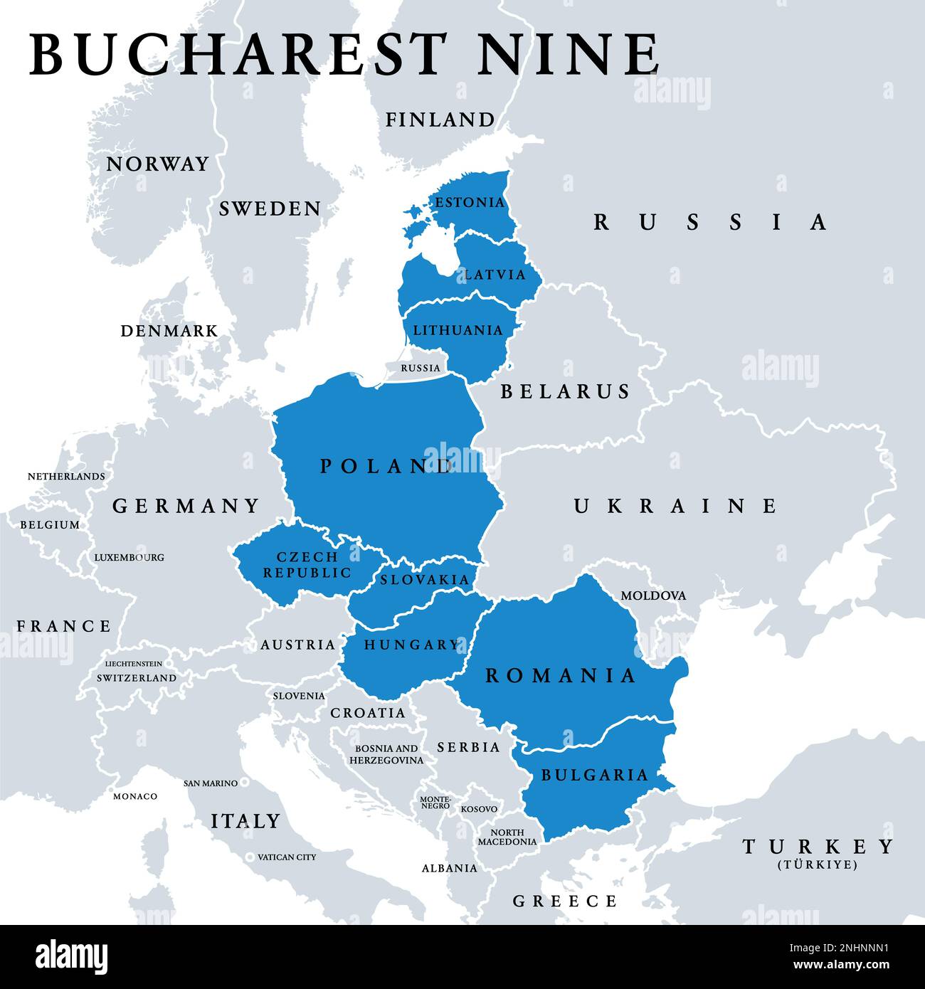 Bukarest Nine Members oder Bukarest Format, politische Karte. Organisation der ehemaligen Sowjetunion. Stockfoto