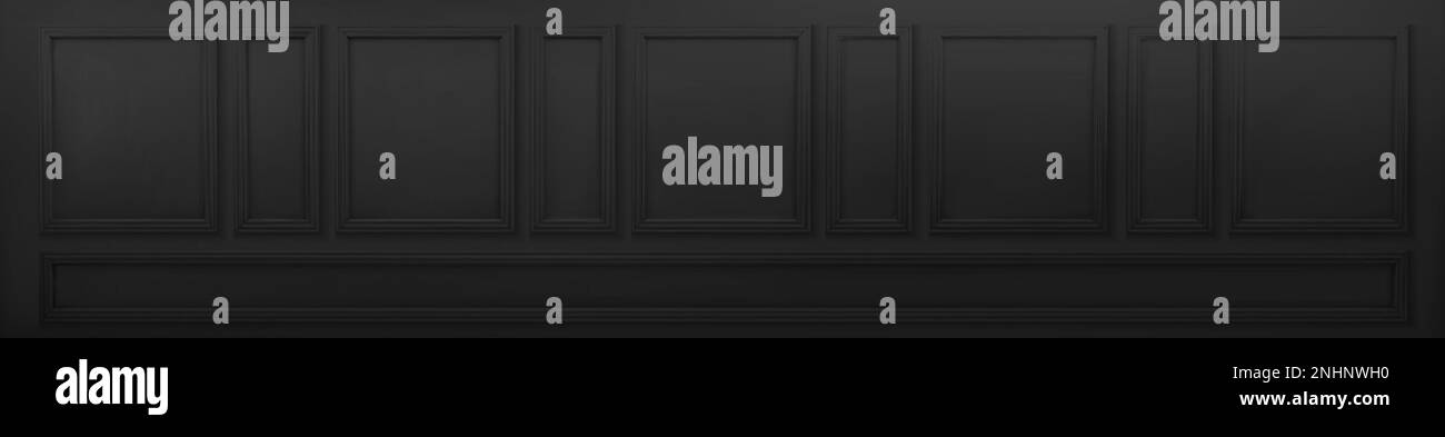 Klassische Wand für luxuriösen Vintage-Innenraum. Schwarze Wand mit Holzrändern, Rahmen und Formteilen. Elegante Dekoration für Haus, Hotel oder Büro, vektorrealistischer Hintergrund Stock Vektor