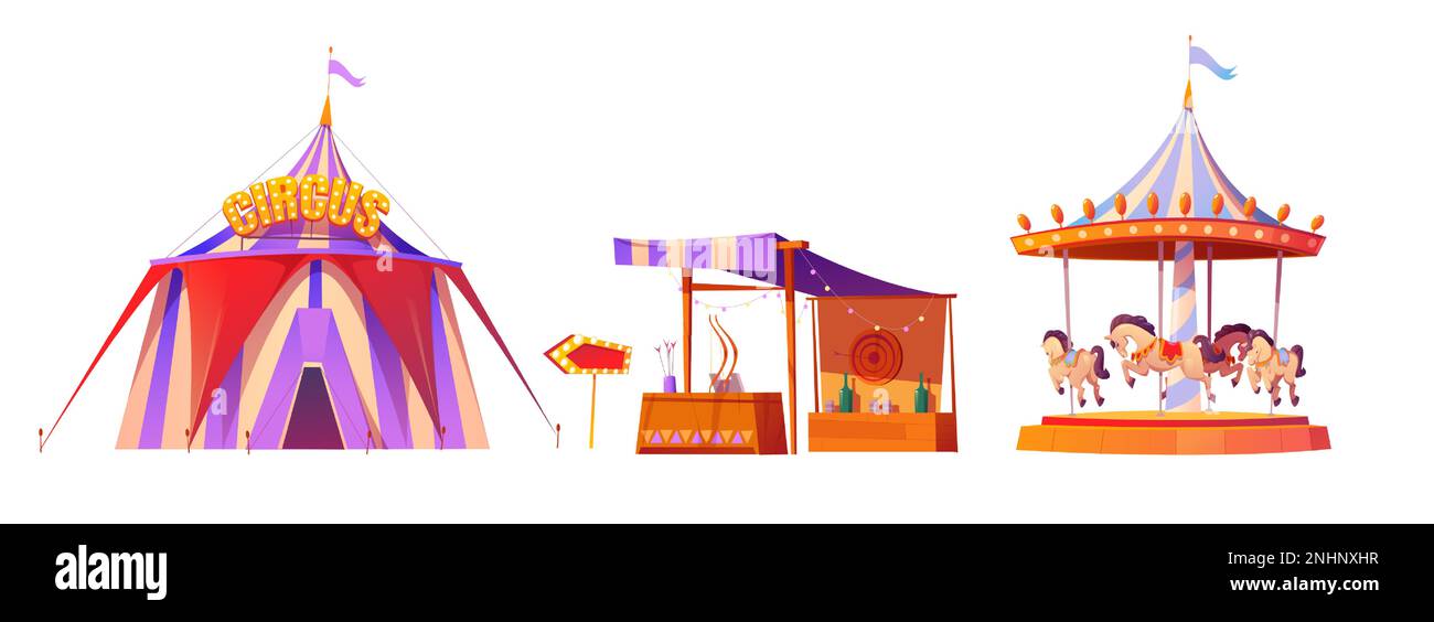 Eine Vektordarstellung von Karneval und Zirkusmärchen. Die Sammlung umfasst ein Karussell mit Pferden und einen Flaschenschießstand auf weißem Hintergrund. Isolierter Festival-Höhepunkt. Stock Vektor