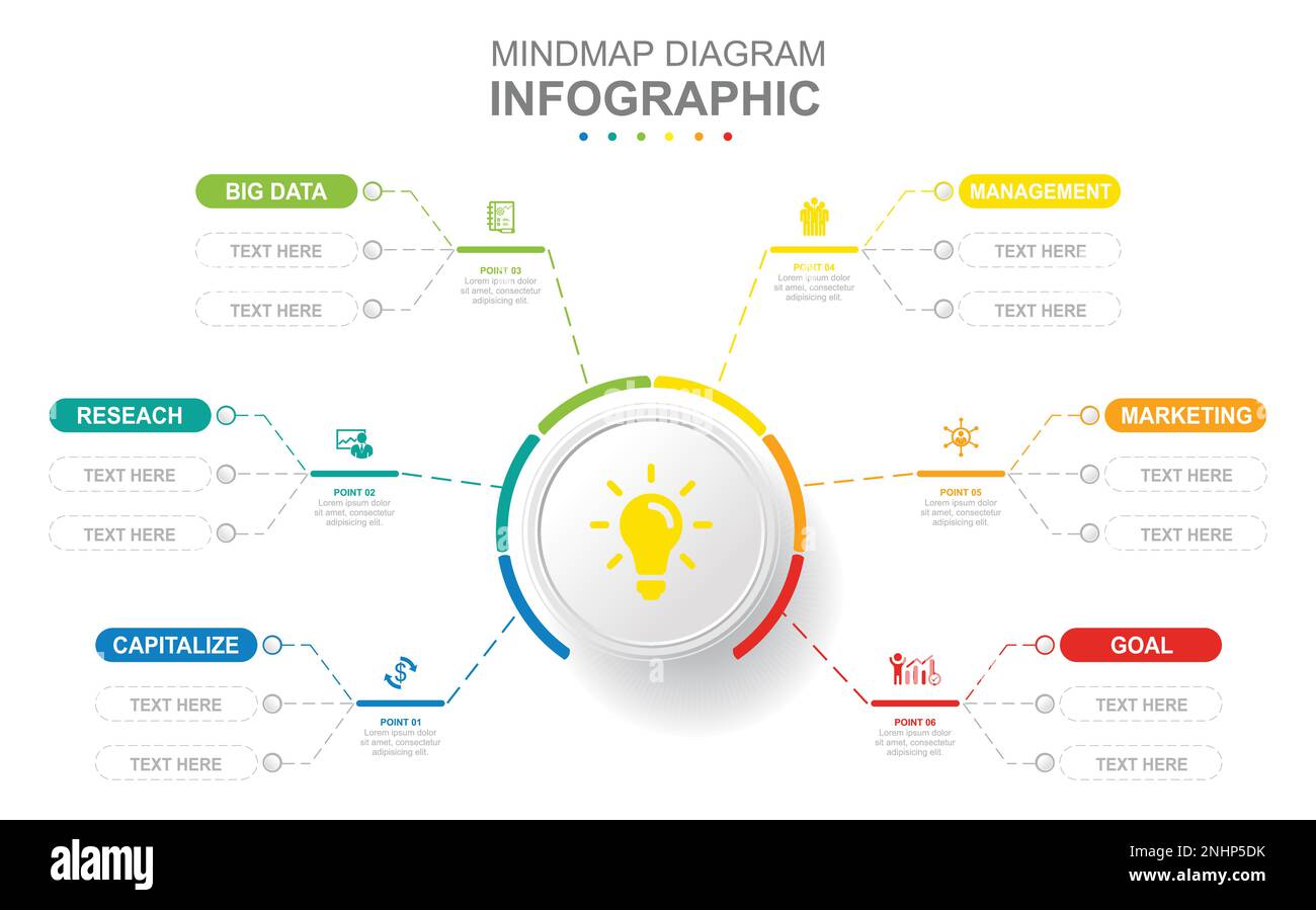 Infografik für Geschäftsvorlage. 6 Schritte modernes Mindmap-Diagramm mit mehreren Themen. Konzeptpräsentation. Stock Vektor