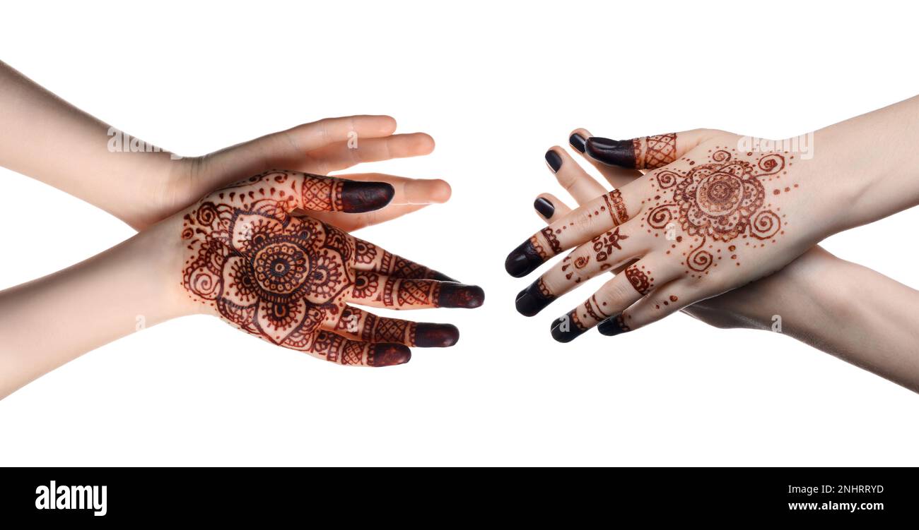 Nahaufnahme von Frauen mit Henna-Tattoo auf den Händen vor weißem Hintergrund, Collage. Traditionelles Mehndi-Ornment Stockfoto