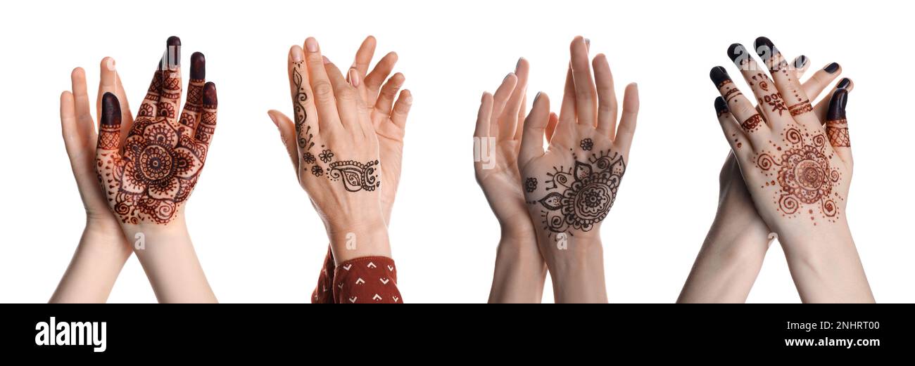 Nahaufnahme von Frauen mit Henna-Tattoo auf den Händen vor weißem Hintergrund, Collage. Traditionelles Mehndi-Ornment Stockfoto