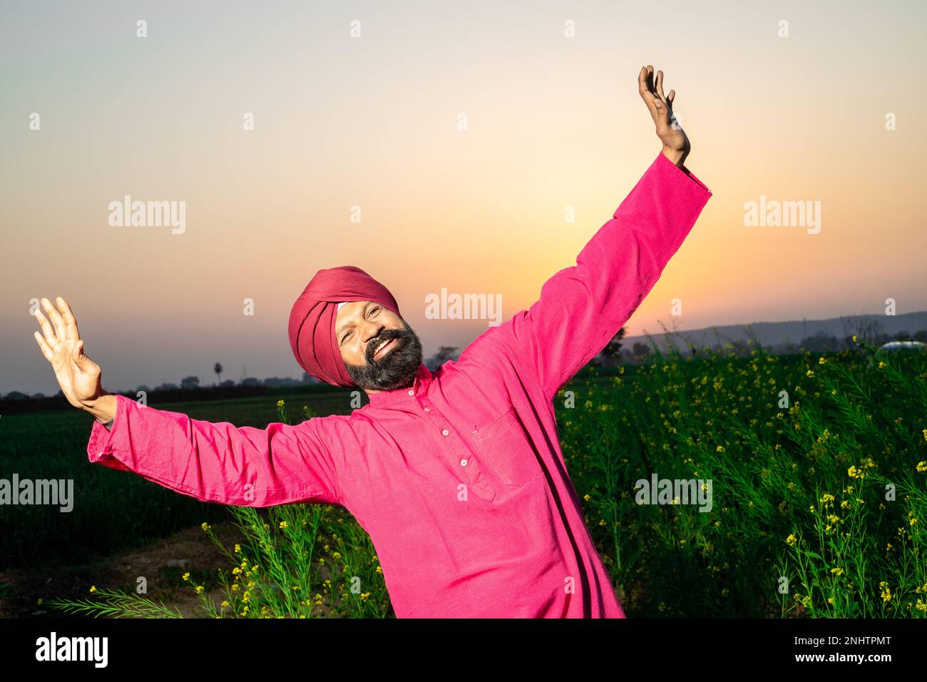 Punjabi sikh Mann tanzt Bhangra auf dem Landwirtschaftsfeld und feiert das Baisakhi- oder Vaisakhi-Festival. Stockfoto