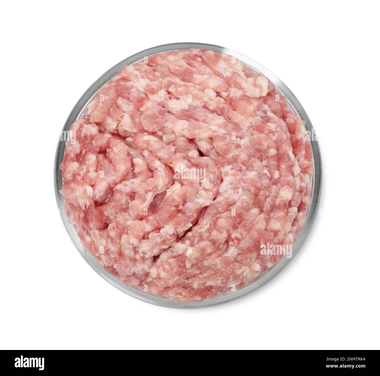 Petrischale mit rohem Hackfleisch auf weißem Hintergrund, Draufsicht Stockfoto
