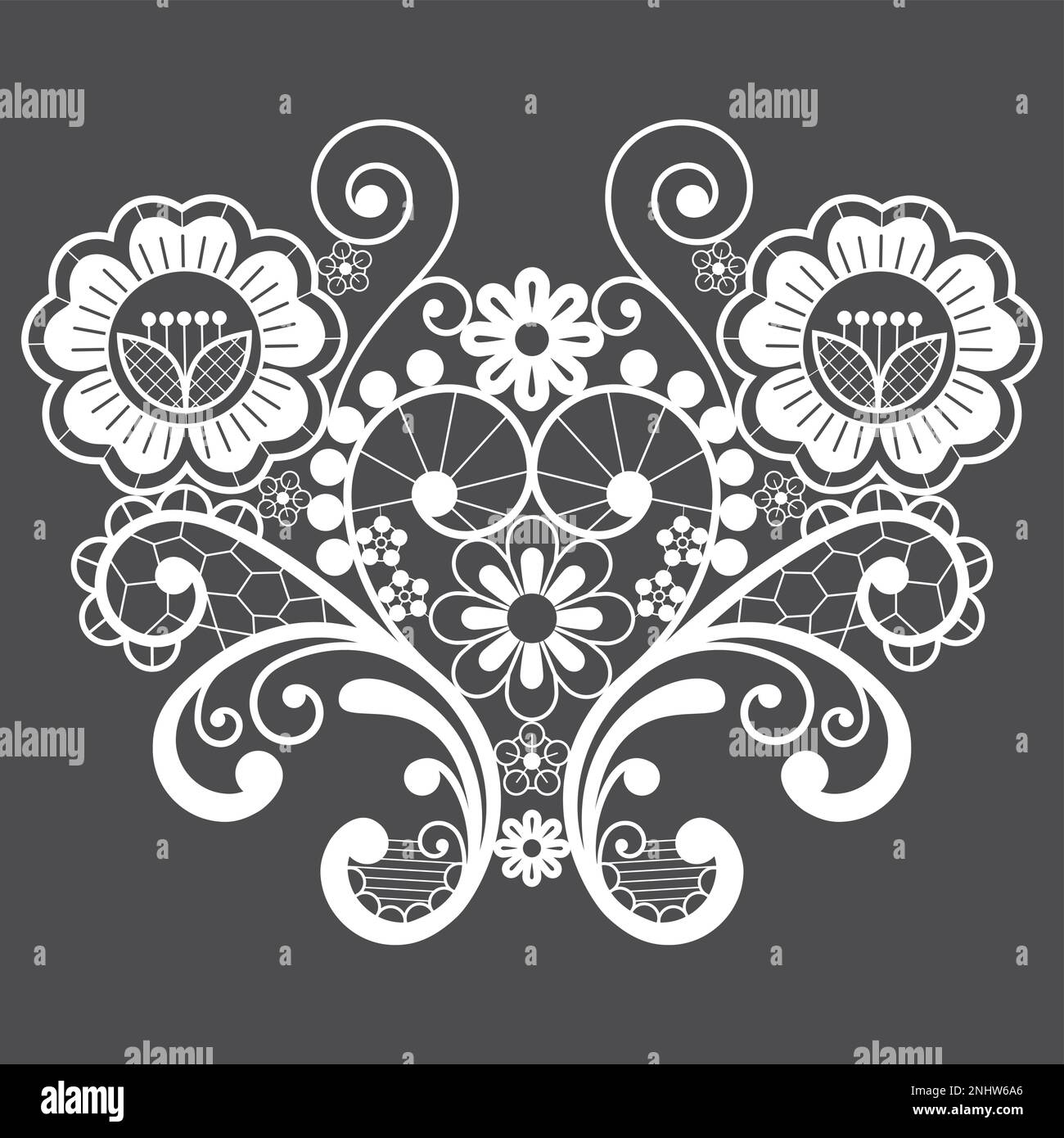 Hochzeitstag mit Blumenspitze, Vektorform mit Wirbeln, Retro-Design in Weiß auf grauem Hintergrund Stock Vektor