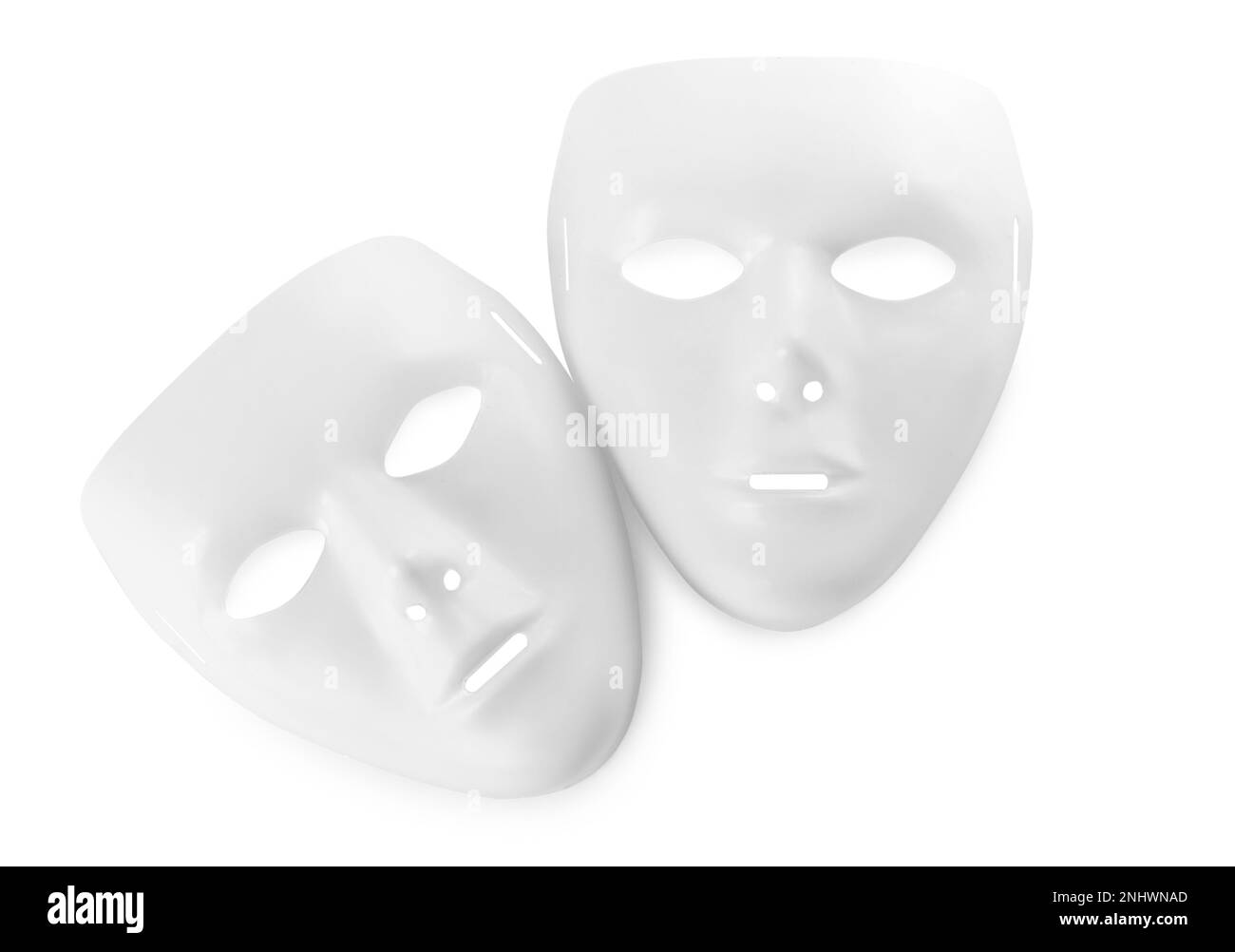Theatermasken auf weißem Hintergrund, Draufsicht Stockfoto