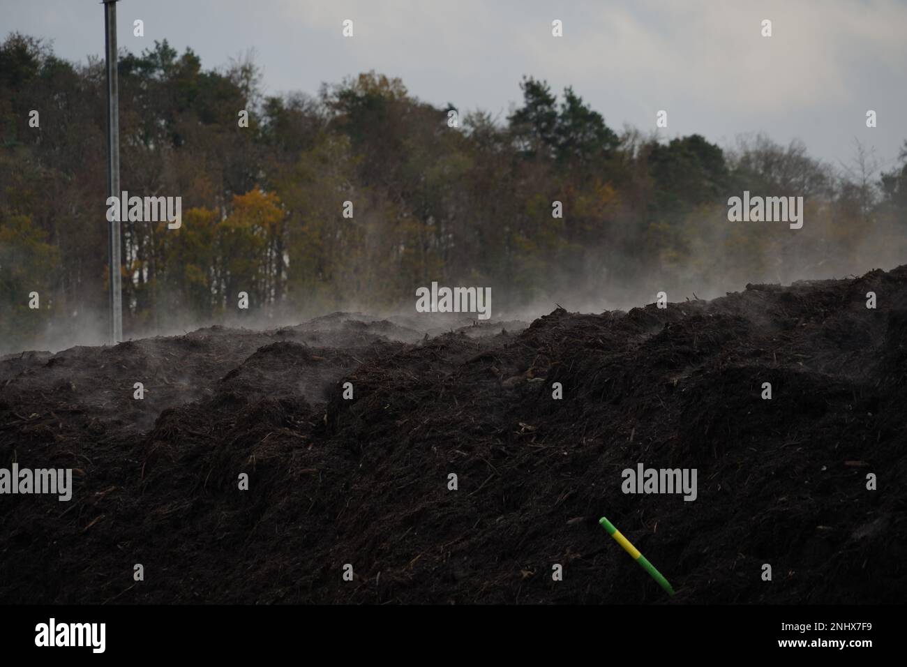 Dampfnebel über schwarzer Biomasse oder organischem Material, das von einer Starscreen-Maschine erzeugt wird. Organisches Material kann kompostiert und zurückgegeben werden. Stockfoto