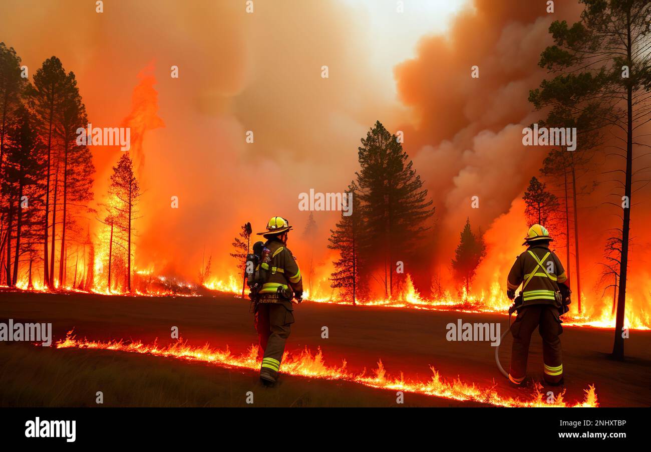 Feuerwehrleute halfen bei der Bekämpfung von Wildfeuer. Intensive Flammen durch massive Waldbrände. Flammen erhellen nächtliche Kiefernwälder. Wildfeuer brennt im Wald. Für Stockfoto