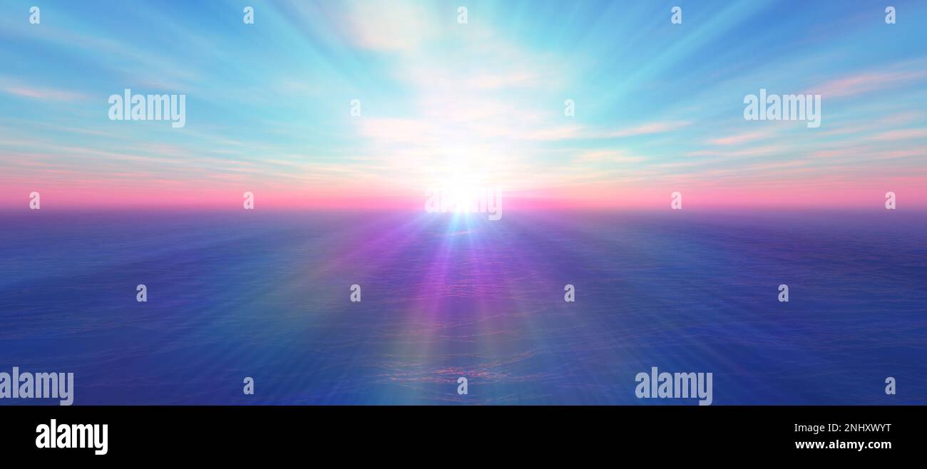 Sonnenuntergang Meer Sonne Strahl klaren Himmel, 3d-Rendering-Illustration Stockfoto