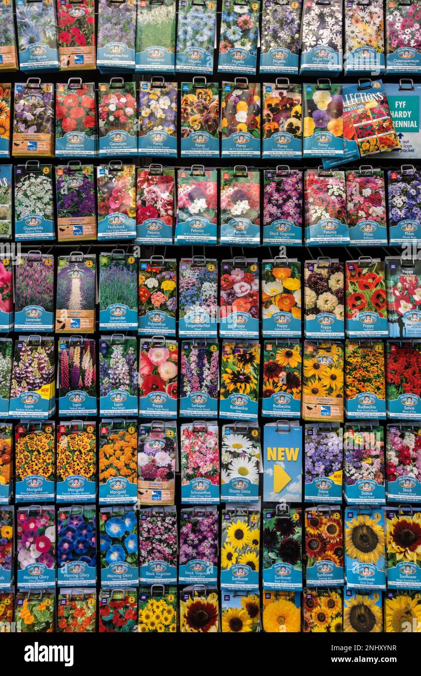 Schöne Reihen bunter Blumensaatpakete von Mr. Fothergill hängen auf dem Ausstellungsstand im britischen Gartenzentrum. Stockfoto