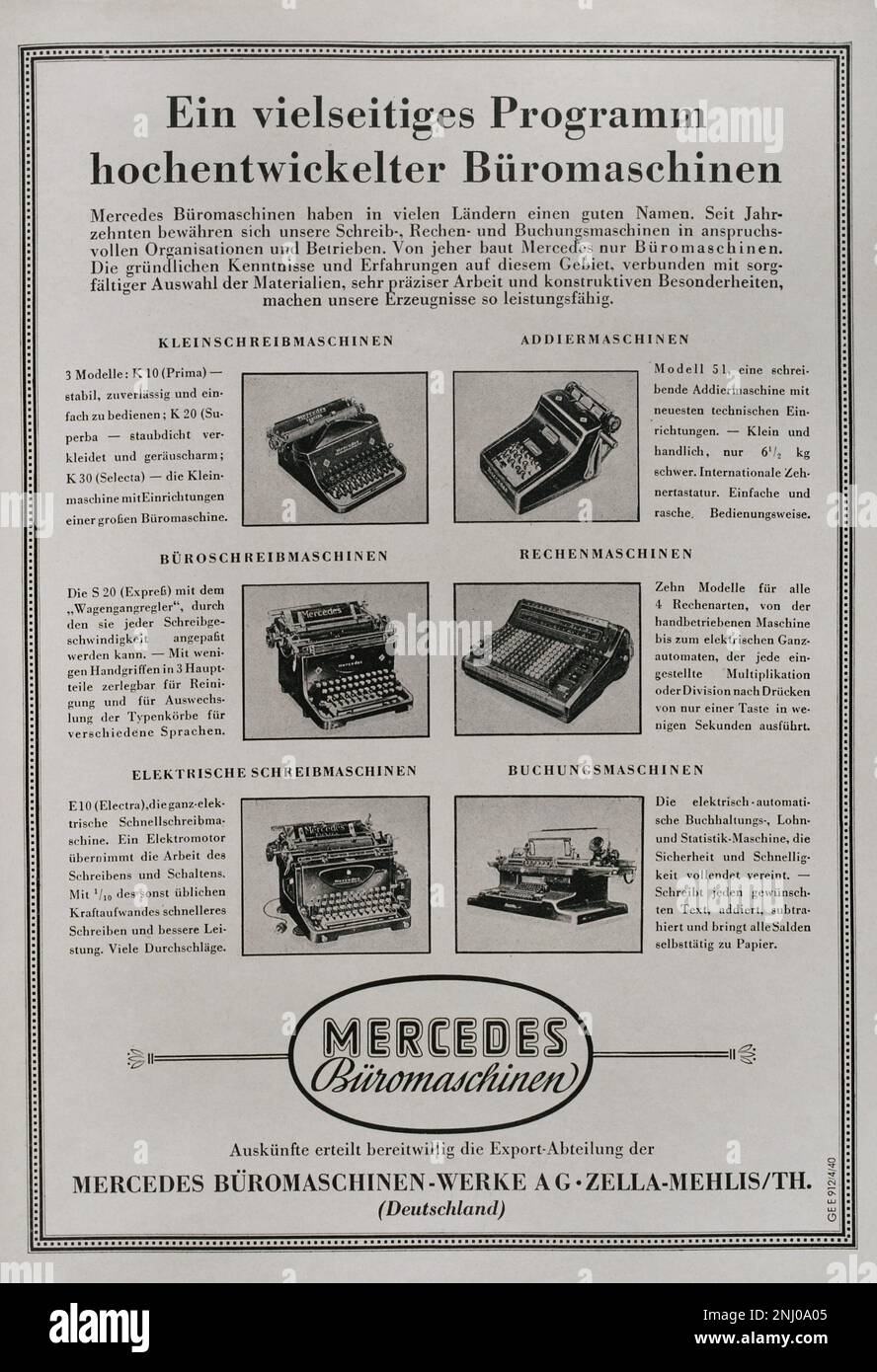 Werbung für Mercedes Büromaschinen (Mercedes Bureau-Maschinen GmbH) auf einer der Innenseiten der Zeitschrift Signal, Ausgabe Nr. 9 (10. August 1940) der deutsch-italienischen Ausgabe. Dieses Magazin wurde zwischen April 1940 und April 1945 veröffentlicht und war das wichtigste Propagandaorgan der deutschen Armee während des Zweiten Weltkriegs. Stockfoto
