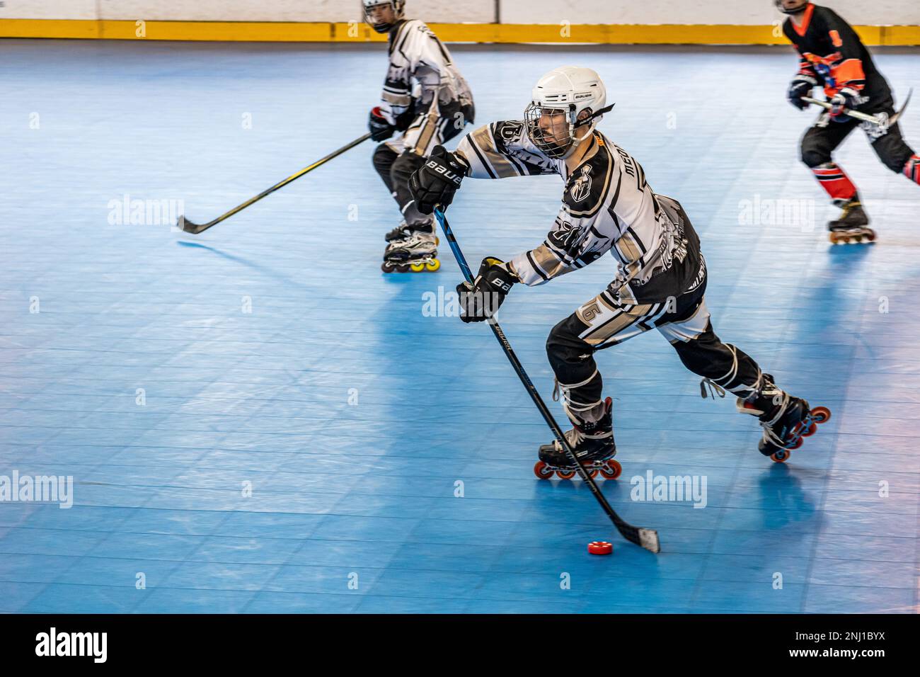 Männerspiel der Spanischen Elite-Liga des Inline-Field-Hockeyspiels zwischen den Teams von Kannibalen und Rubin in der Eisbahn von Las rozas. Stockfoto