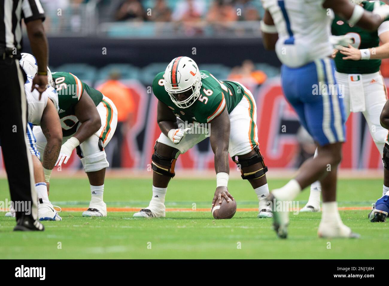 Miami offensive lineman Jonathan Denis (56) in action during an NCAA football game against Duke, Saturday, Oct. 22, 2022, in Miami Gardens, Fla. (Lauren Sopourn/South Florida Stadium via AP) Stockfoto