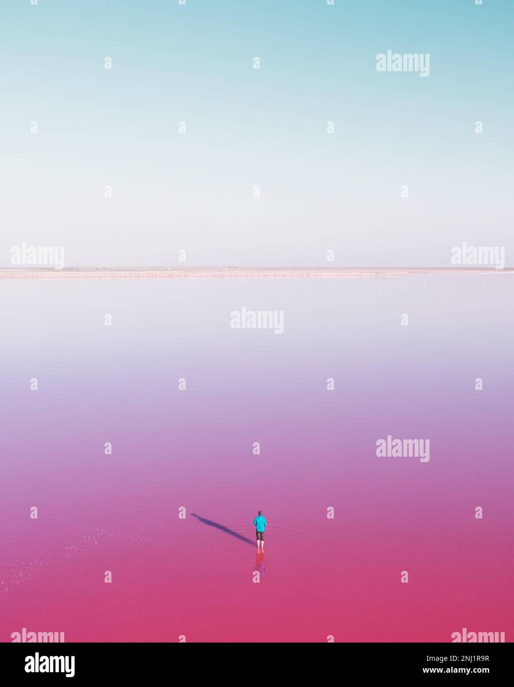 Einsamer Mann in blau in rosa See Wasser unter klarem blauen Himmel im Sommer Tag gejackt. Kreatives Farbkonzept Stockfoto