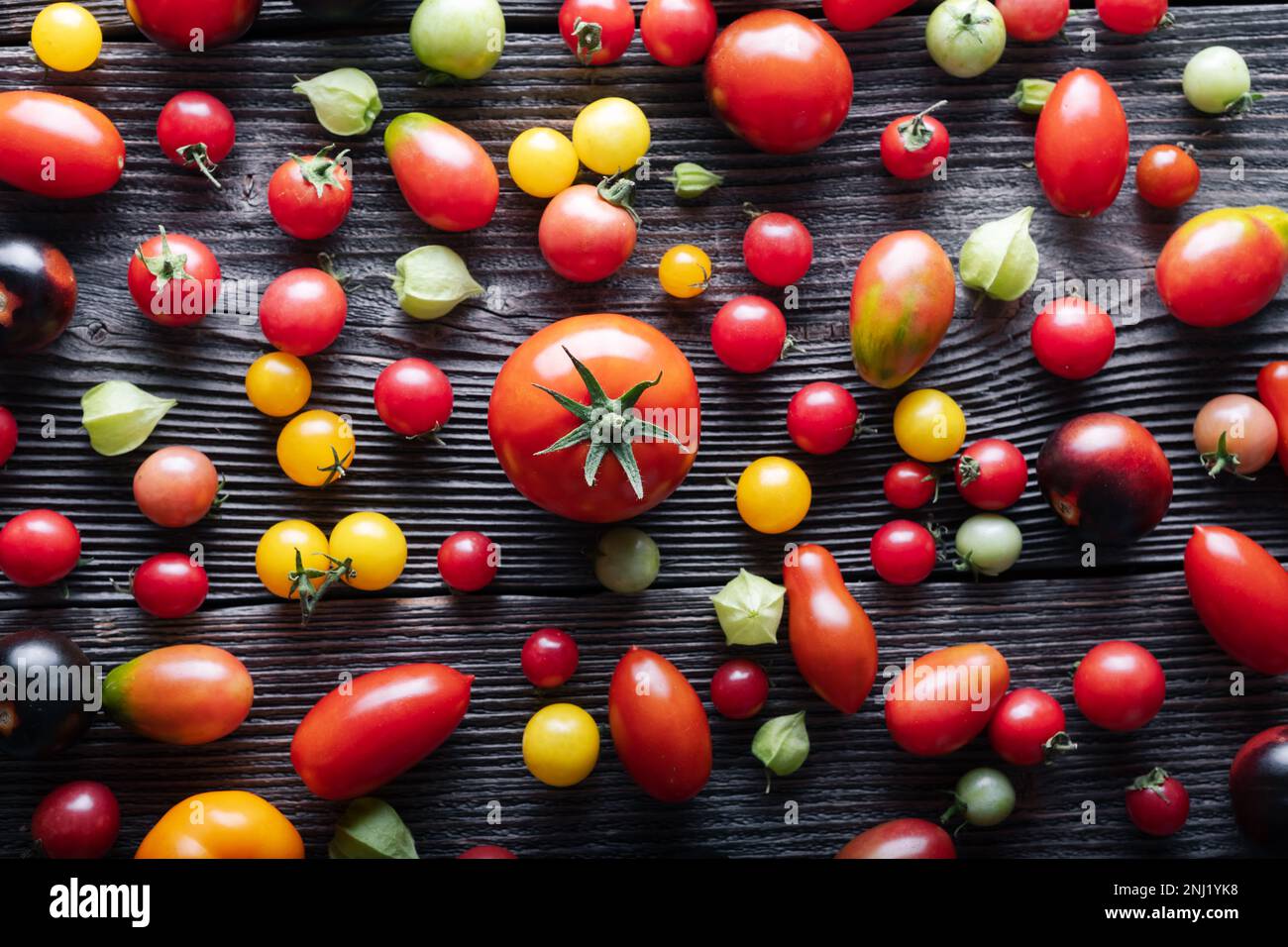 Verschiedene Sorten von roten, gelben, grünen und schwarzen Tomaten mischen sich auf einem Holztisch. Frisch sortiert bunte Sommer Tomaten Hintergrund, Nahaufnahme. Food-Fotografie Stockfoto