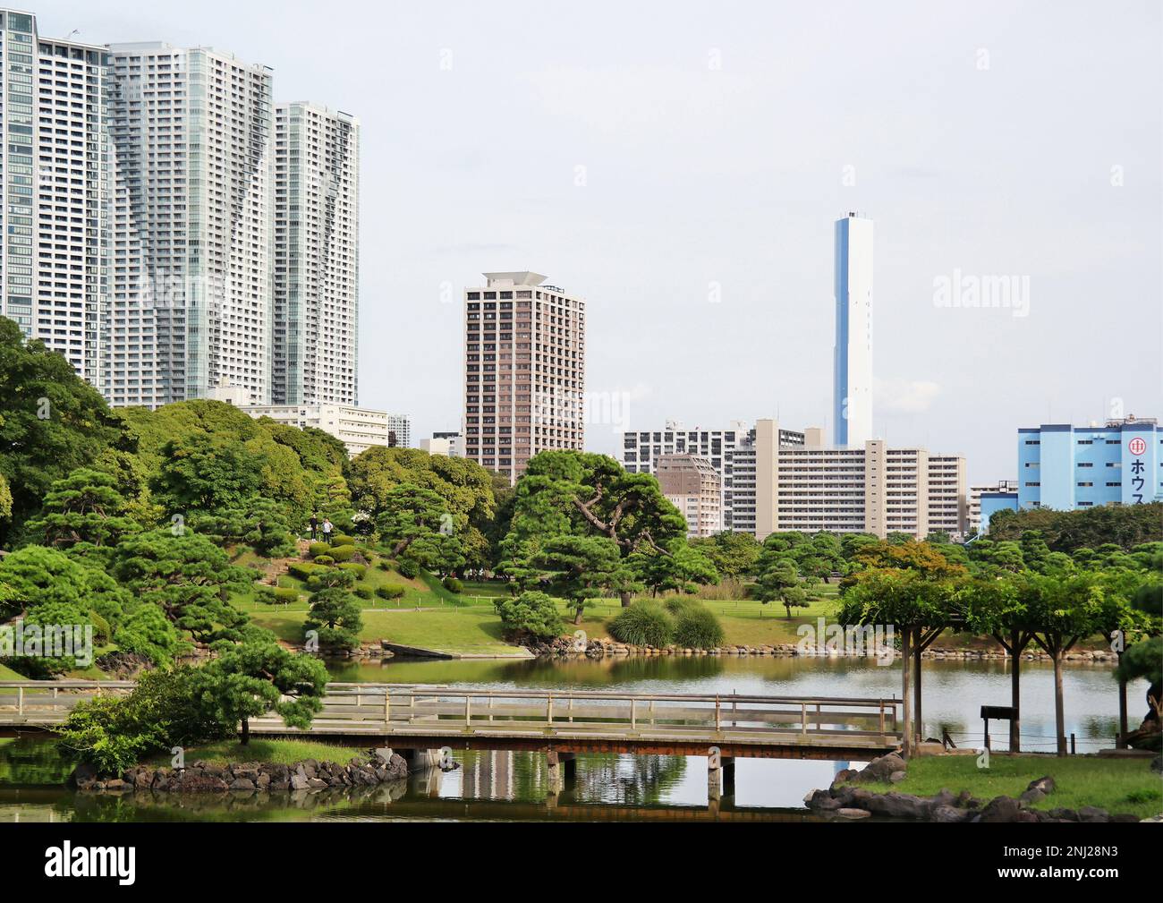 Tokio, Japan - September 2017: Moderne Wolkenkratzer, Architektur und Teich-Reflexion aus den Hamarikyu-Gärten Stockfoto