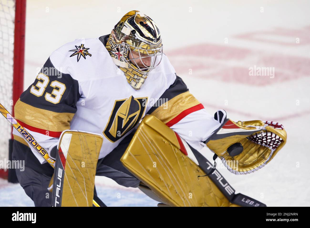 NHL profile photo on Vegas Golden Knights goalie Adin Hill at a game against the Calgary Flames in Calgary, Alta. on Oct. 18, 2022. (Larry MacDougal via AP) Stockfoto