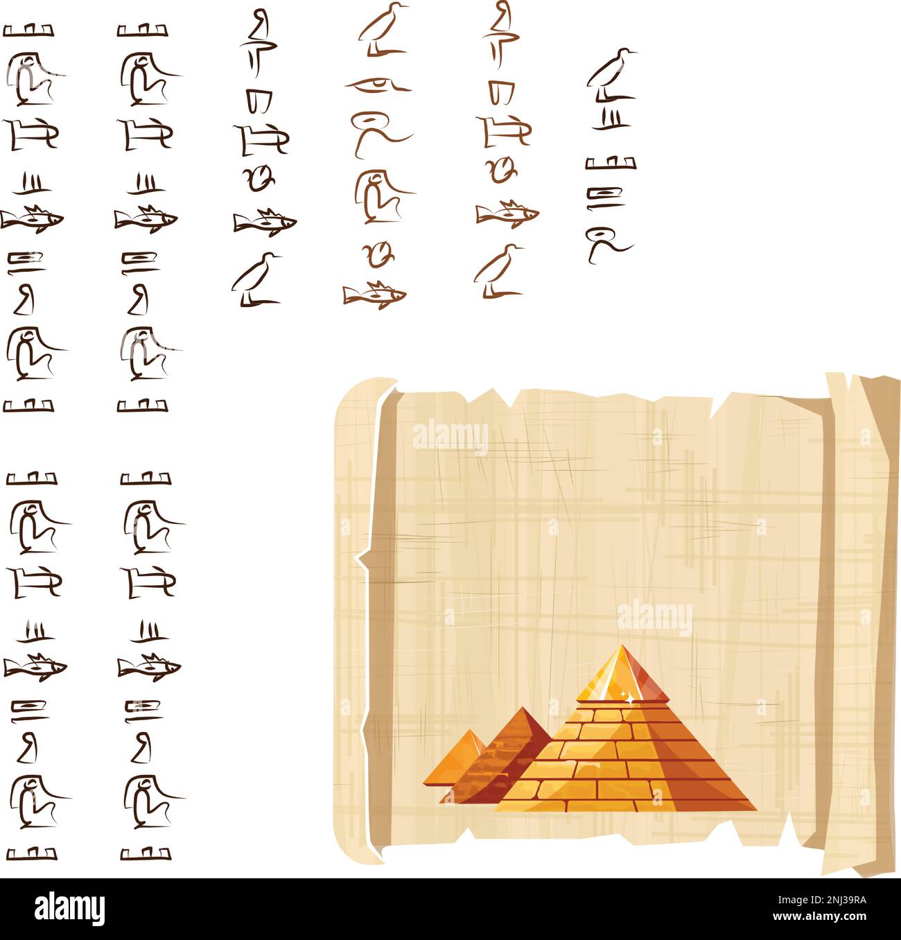 Alte ägyptische Papyrus-Schriftrolle mit Pyramiden-Silhouetten-Cartoon-Vektordarstellung. Antikes Papier mit Hieroglyphen, Informationen, ägyptische Kultur, religiöse Symbole, isoliert auf weißem Hintergrund Stock Vektor
