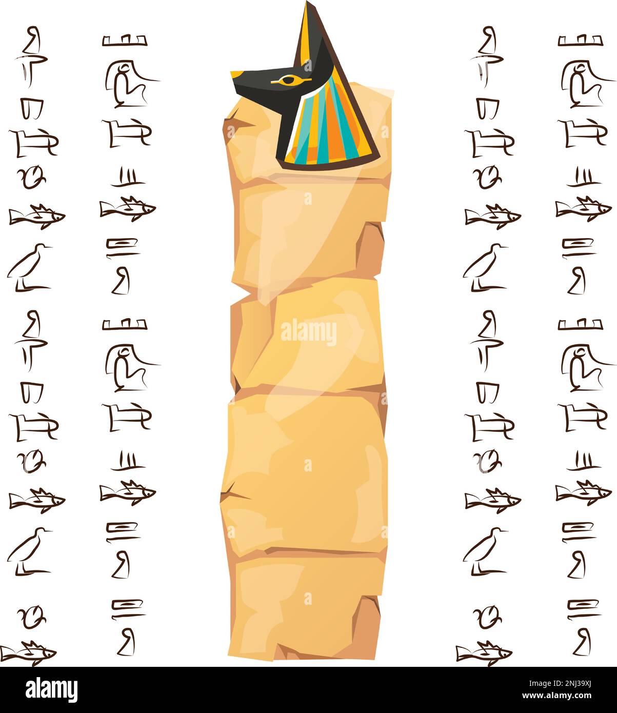 Altes ägyptisches Papyrus mit anubis-Hundekopf-Cartoon-Vektordarstellung. Uraltes Papier mit Hieroglyphen zum Speichern von Informationen, religiöses Symbol der ägyptischen Kultur, gui für Spieldesign isoliert auf Weiß Stock Vektor