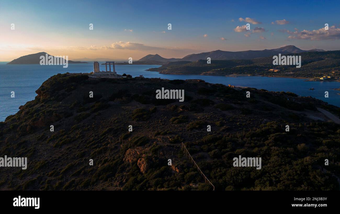 Tempel des Poseidon bei Sonnenuntergang, Sounio, Griechenland Stockfoto