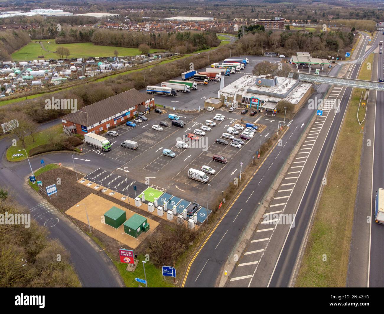 Luftaufnahme von Washington Services auf der A1(M) in Tyne & Wear. Stockfoto