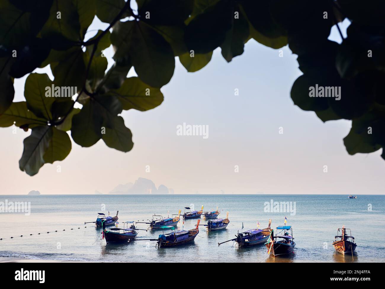 Traditionelle Langboot-Boote an der wunderschönen Landschaft des tropischen Strands auf der Insel Koh Phi Phi im Süden Thailands Stockfoto